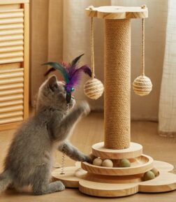 Pine Wood Cat Scratcher Tower with Interactive Turntable Balls