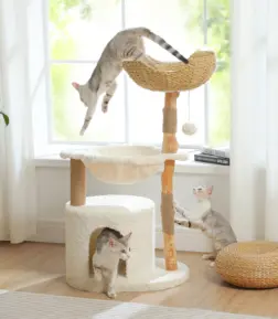 Modern Cat Tree with Woven Basket, Hammock & Solid Wood Scratching Post for Large Indoor Cats