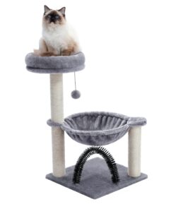 Compact Cat Tree Tower with Hammock, Scratching Post, and Plush Basket