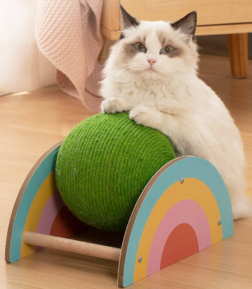 Wooden Sisal Cat Scratcher with Double Tier Green Scratch Ball